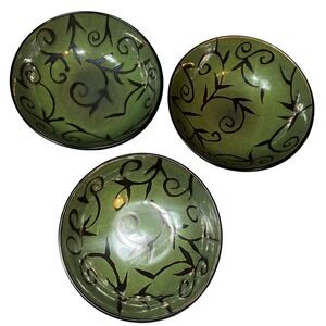 Oneida Reactive Glaze Ceramic Bowls Green Black Vine Pattern Set‎ of 3